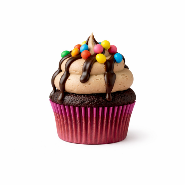 Rich chocolate cupcake topped with silky chocolate buttercream, ganache drizzle, and sparkling candy.