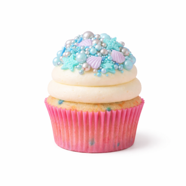 Vanilla funfetti cupcake filled with smooth cream and topped with cake batter buttercream and seashell finish.