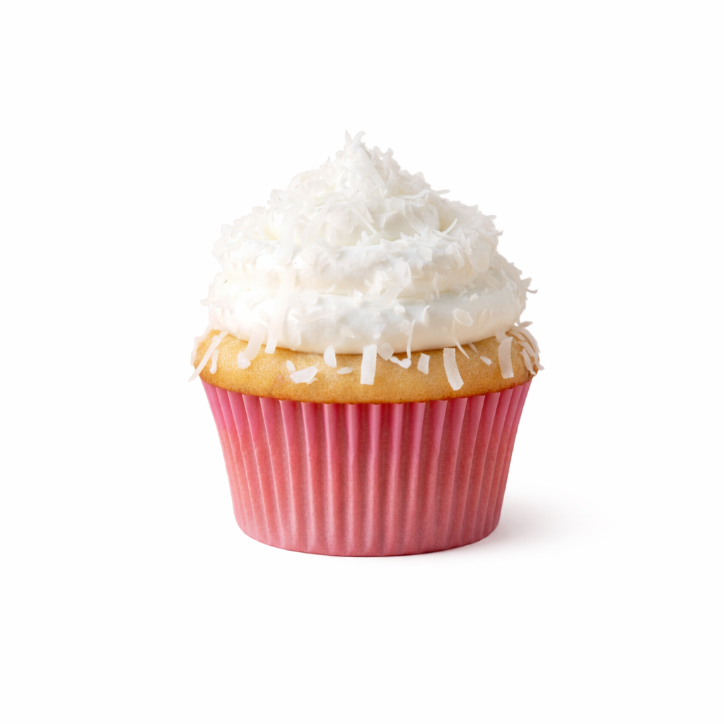 Vanilla cupcake topped with silky coconut cream cheese buttercream and shredded coconut.