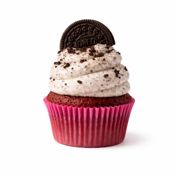 Deep chocolate cupcake layered with cookie fluff buttercream and Oreo crunch accent.