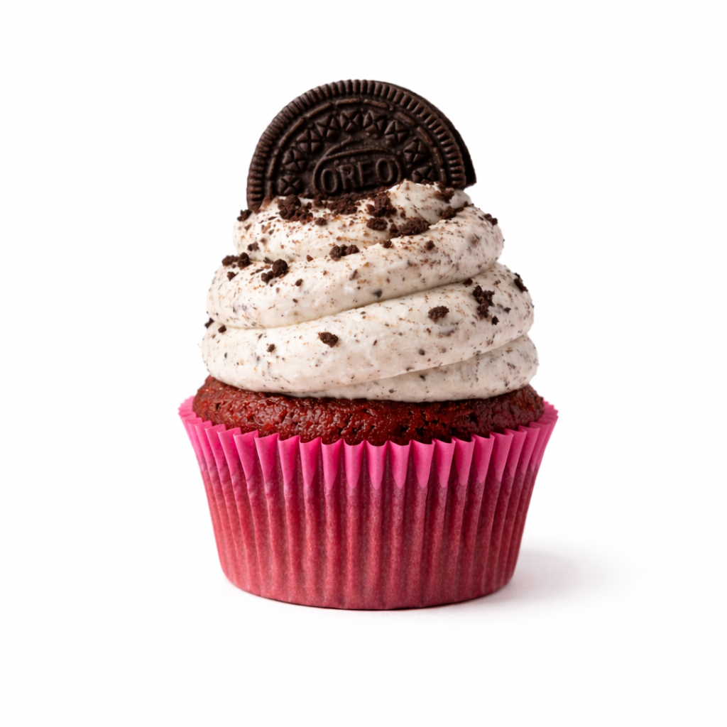 Deep chocolate cupcake layered with cookie fluff buttercream and Oreo crunch accent.