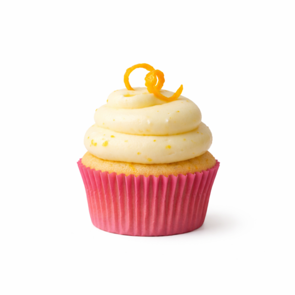 Sweet orange cupcake with smooth cream filling, citrus cream cheese frosting, and orange peel garnish.