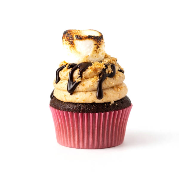 Chocolate cupcake with cookie butter buttercream, chocolate ganache drizzle, toasted marshmallow, and ganache filling.