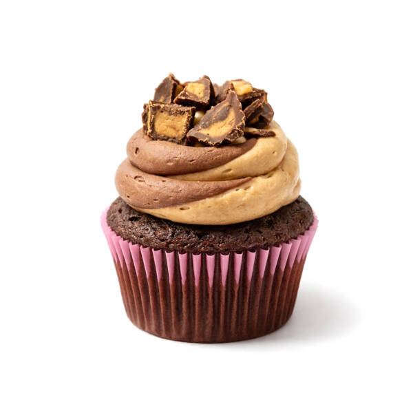 Chocolate cupcake with chocolate and peanut butter swirl buttercream topped with chopped peanut butter cups.