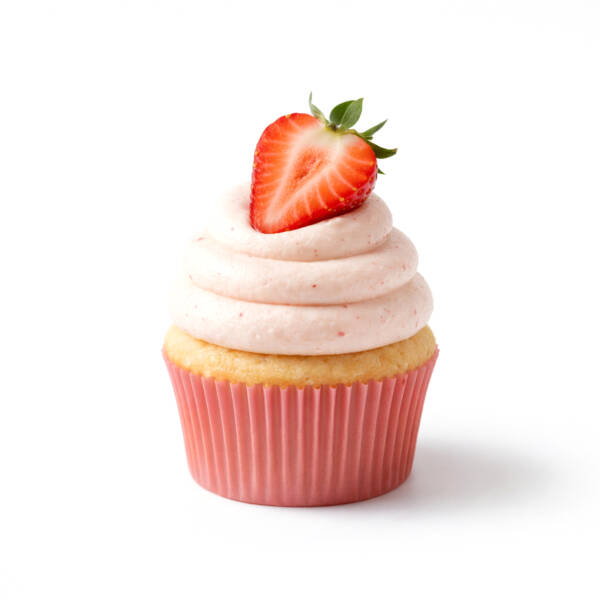 Vanilla cupcake with strawberry cream cheese frosting topped with a fresh strawberry half.